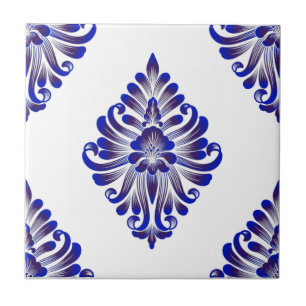 Azulejo Elegante Patrón De Damasco Azul Y Blanco De La Ar