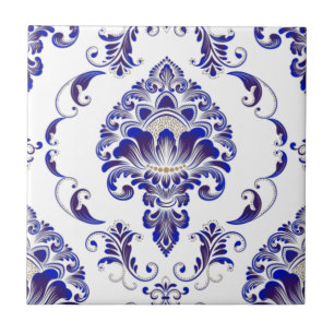 Azulejo Elegante Patrón De Damasco Azul Y Blanco De La Ar