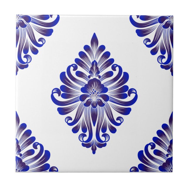 Azulejo Elegante Patrón De Damasco Azul Y Blanco De La Arm (Frente)