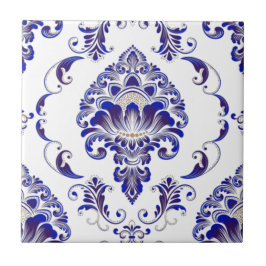 Azulejo Elegante Patrón De Damasco Azul Y Blanco De La Arm