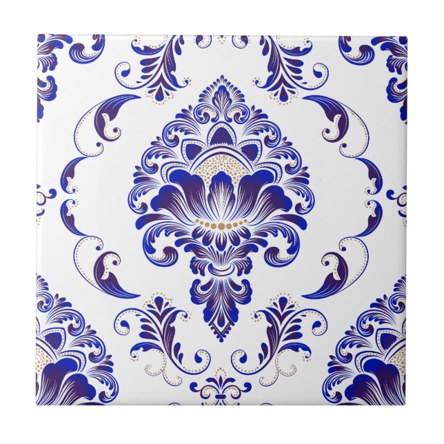 Azulejo Elegante Patrón De Damasco Azul Y Blanco De La Arm (Frente)