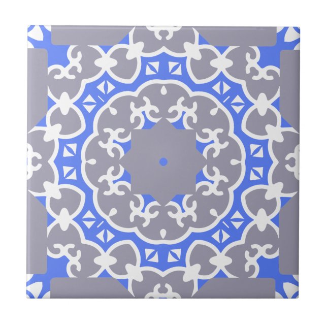 Azulejo Elegante patrón de Damasco elegante azul gris y bl (Frente)