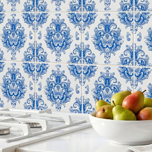 Azulejo Elegante patrón de damasco mediterráneo azul y bla