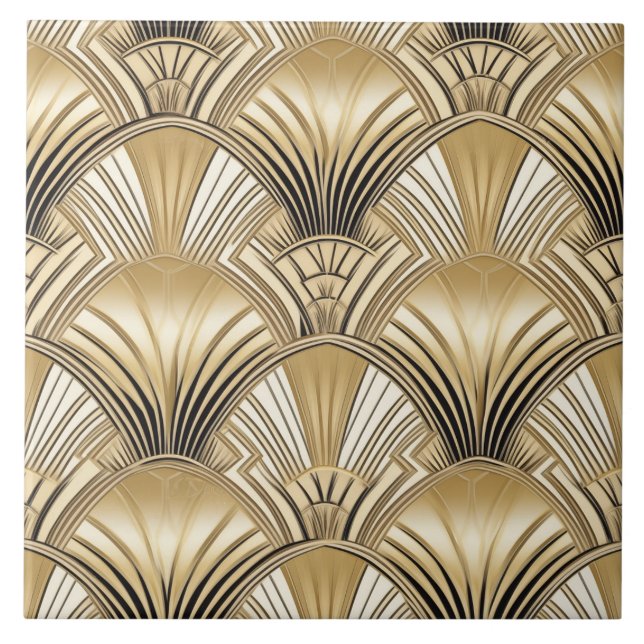 Azulejo Elegante patrón de deco de arte negro dorado (Frente)