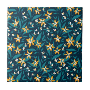 Azulejo Elegante patrón de flores amarillas en hojas verde