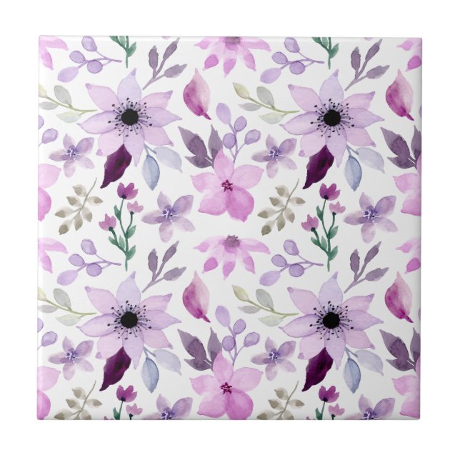 Azulejo Elegante patrón de flores rosadas y moradas (Frente)