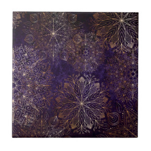 Azulejo Elegante patrón de Mandala dorado y morado floral