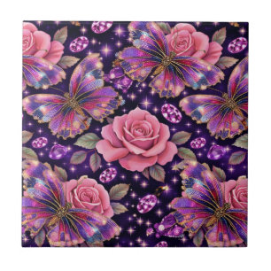 Azulejo Elegante patrón de mariposa enjoyada rosa glamour