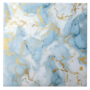 Azulejo Elegante patrón de mármol azul y blanco dorado