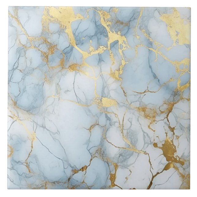 Azulejo Elegante patrón de mármol azul y blanco dorado  (Frente)
