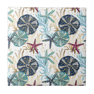 Azulejo Elegante patrón de tesoros oceánicos azules y dora