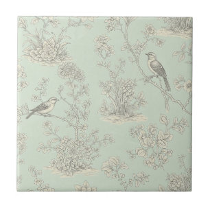 Azulejo Elegante patrón de toile botánico de pájaro salvia