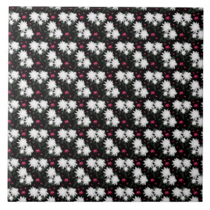 Azulejo Elegante patrón floral blanco sobre fondo negro