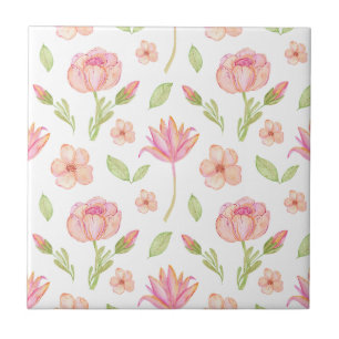Azulejo Elegante patrón floral con peonías rosadas y lirio