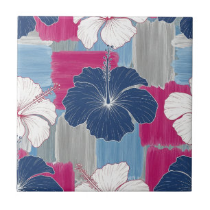 Azulejo Elegante patrón floral de hibisco azul (2)