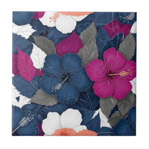 Azulejo Elegante patrón floral de hibisco azul (3)