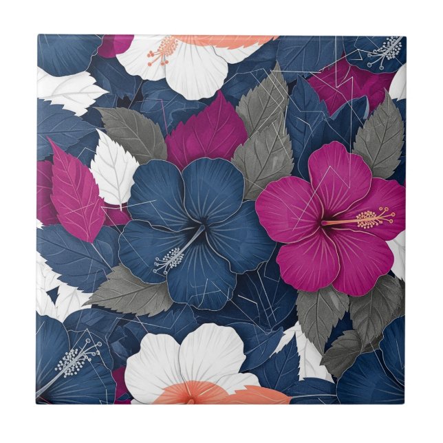 Azulejo Elegante patrón floral de hibisco azul (3) (Frente)