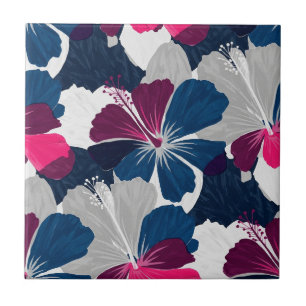 Azulejo Elegante patrón floral de hibisco azul (6)