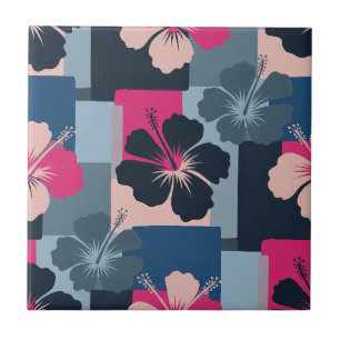 Azulejo Elegante patrón floral de hibisco azul (8)