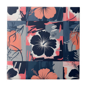 Azulejo Elegante patrón floral de hibisco azul (9)