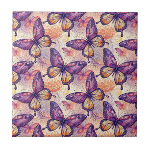 Azulejo Elegante patrón floral de mariposa púrpura botánic