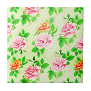 Azulejo Elegante patrón floral de rosas hojas verdes-23675