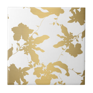 Azulejo Elegante Patrón floral dorado Tile cerámico blanco