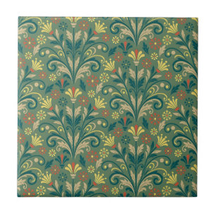 Azulejo Elegante patrón floral en amarillo y rojo sobre ve