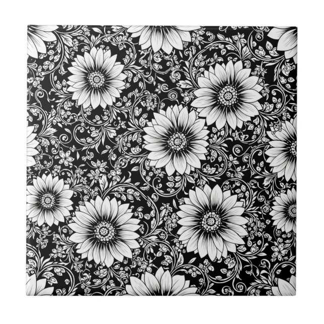 Azulejo Elegante patrón floral monocromo de lujo (5) (Frente)