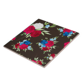 Azulejo Elegante patrón floral rojo azul sobre marrón oscu