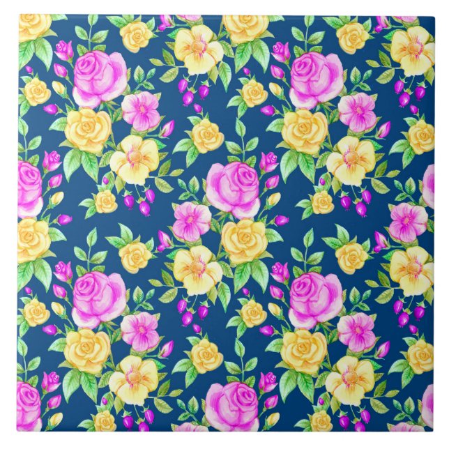 Azulejo Elegante patrón floral rosa rosa amarillo rosa (Frente)