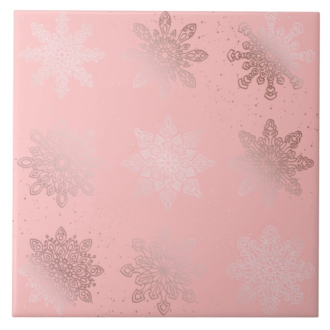Azulejo Elegante patrón Rosa de Navidades de oro con copos (Frente)