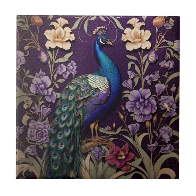 Azulejo Elegante Pavo Real Sobre El Morado William Morris  (Frente)