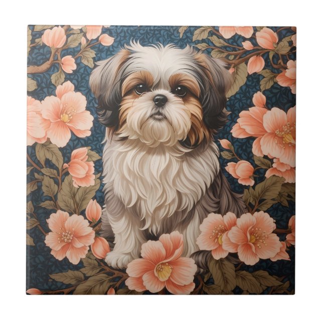 Azulejo Elegante perro shih tzu William Morris inspirado (Frente)