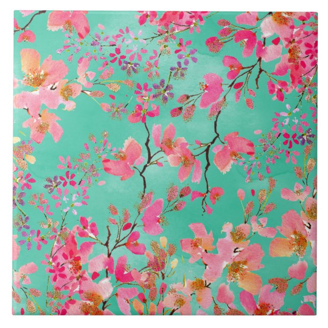 Azulejo Elegante pintura a mano acuarela primavera floral (Frente)