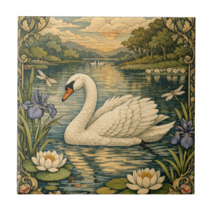 Azulejo Elegante pintura de cisne blanco al acuarela vinta