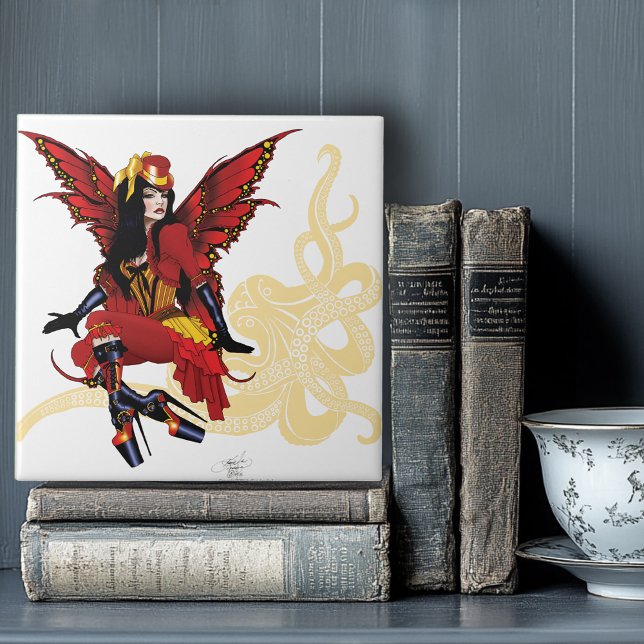 Azulejo Elegante Pulpo Hada Victoriano Steampunk Rojo (Subido por el creador)