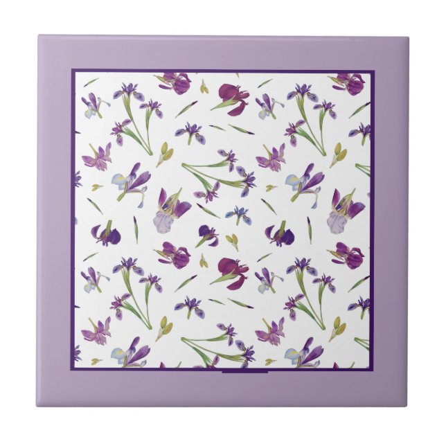 Azulejo Elegante Púrpura Acuarela Iris Flores Patrón (Frente)