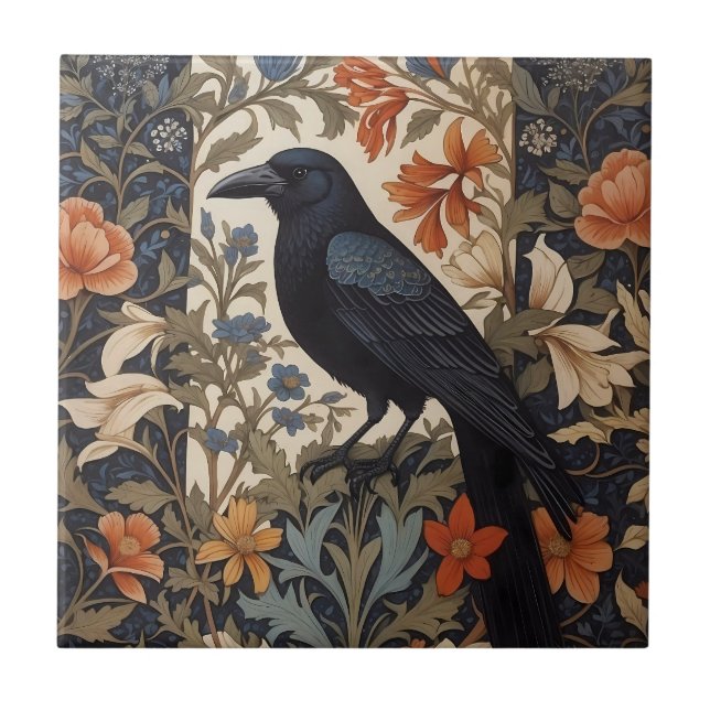 Azulejo Elegante Raven Negro William Morris Inspirado Flor (Frente)