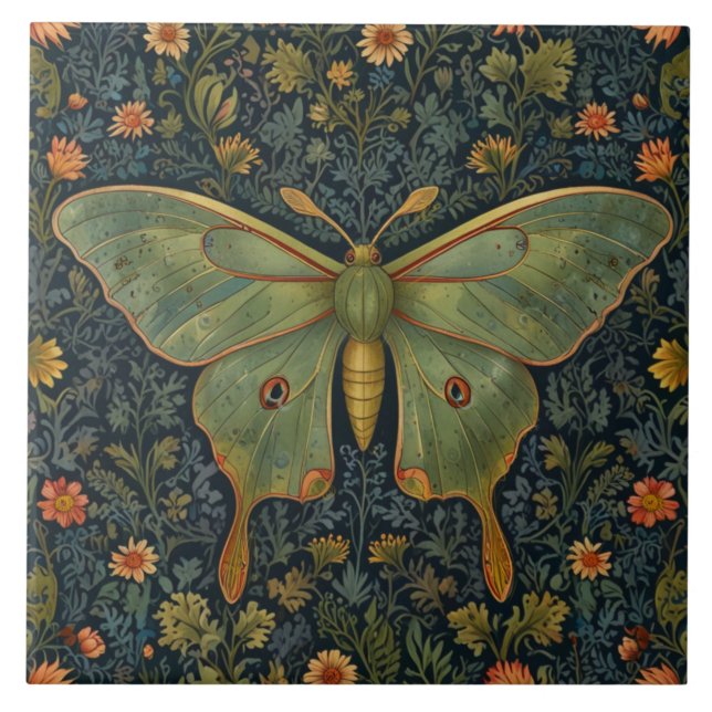 Azulejo Elegante retro boho Luna moth botánico (Frente)