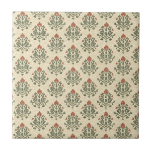 Azulejo Elegante Rojo Verde Damask Vintage Desgastado