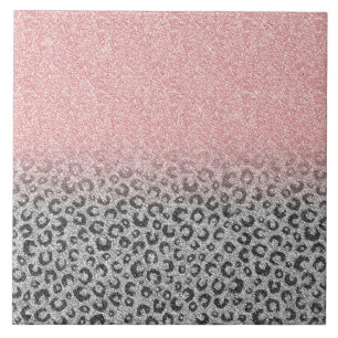 Azulejo Elegante Rosa de oro y Purpurina plateado Leopardo