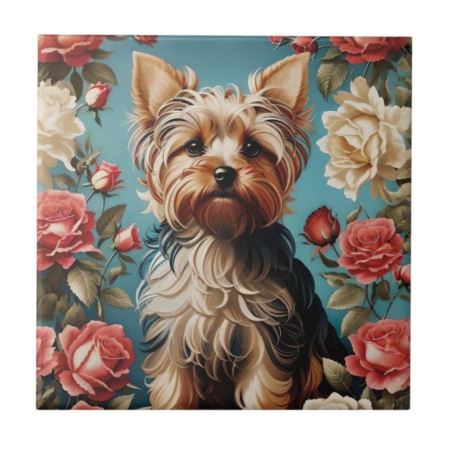 Azulejo Elegante Rosa de retrato de Yorkshire Terrier (Frente)