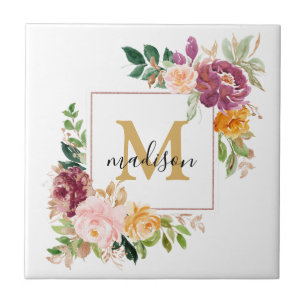 Azulejo Elegante Rosa Floral Botánica Aquarela con Monogra