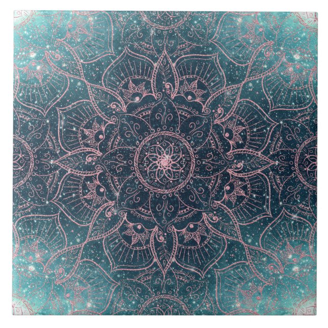 Azulejo Elegante Rosa Gold Mandala Estrellas de nebula azu (Frente)