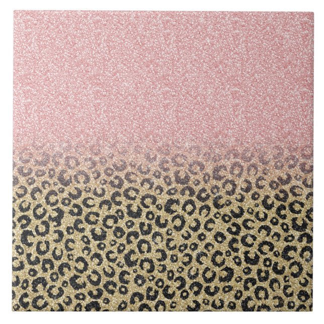 Azulejo Elegante Rosa Purpurina dorado Leopardo negro (Frente)