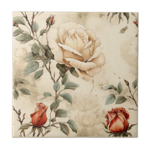 Azulejo Elegante Rosa Vintage Flor Beige Floral