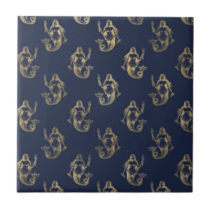 Azulejo Elegante Sirena Dorada Patrón Continuo Azul Marino