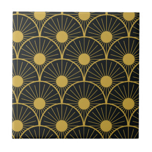 Azulejo Elegante sol abstracto dorado Art Deco sobre negro