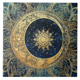 Azulejo Elegante Sol Dorado Mandala Decoración Celestial